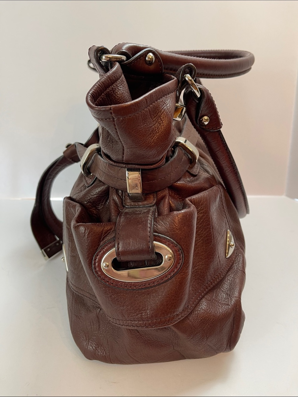 B. MAKOWSKY RICH BROWN LEATHER SHOULDER BAG WITH LEOPARD LINING - Picture 4 of 12